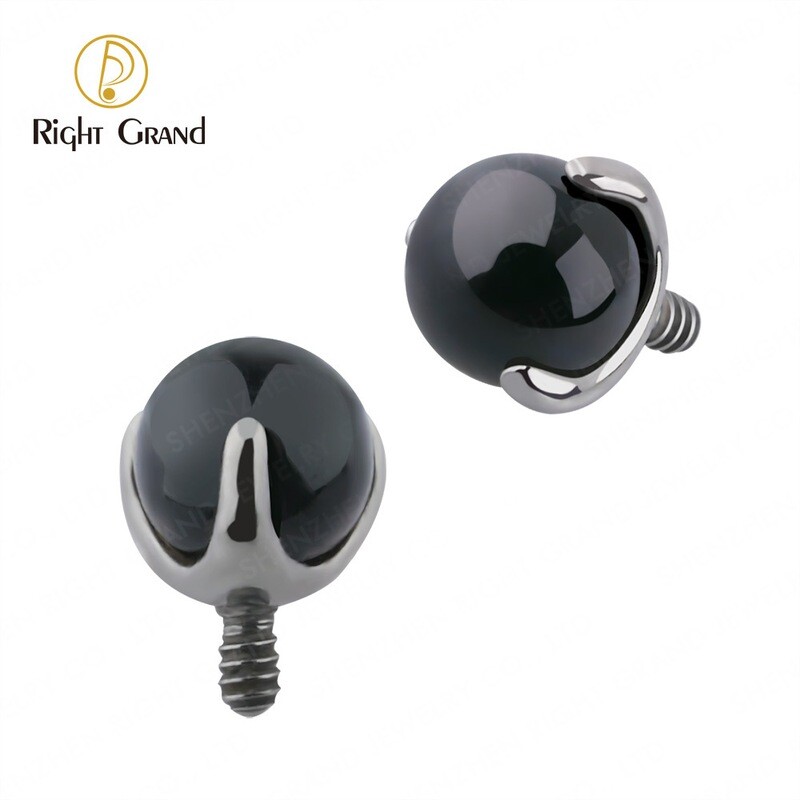 Right Grand Implant Grade ASTM F136 Titanium Internal Thread Prong Set Black Agate Ball Top