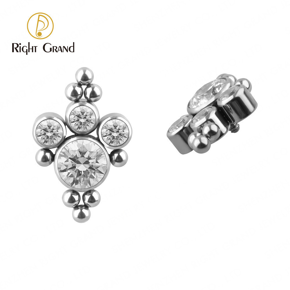 Right Grand Implant Grade Titanium Bezel Set Clear Zircon Clusters Internally Threaded Labret Top
