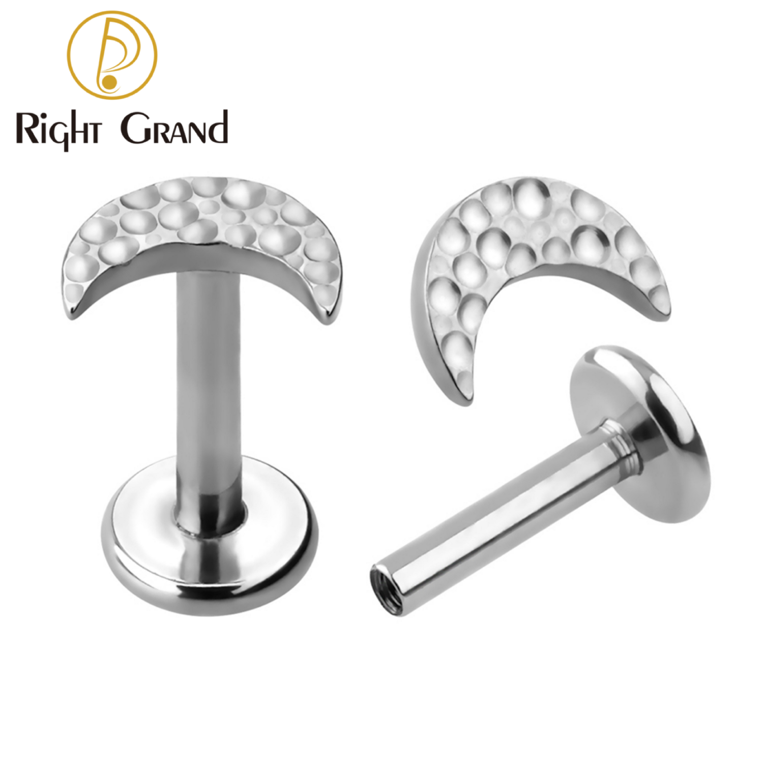 Right Grand Implant Grade Titanium Internally Threaded Hammer Moon Labret Ring