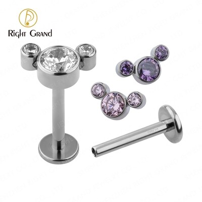 Right Grand ASTM F136 Implant Grade Titanium 16G Clear, Pink, Purple 5A CZ Internally threaded Labret Tragus Helix Piercings