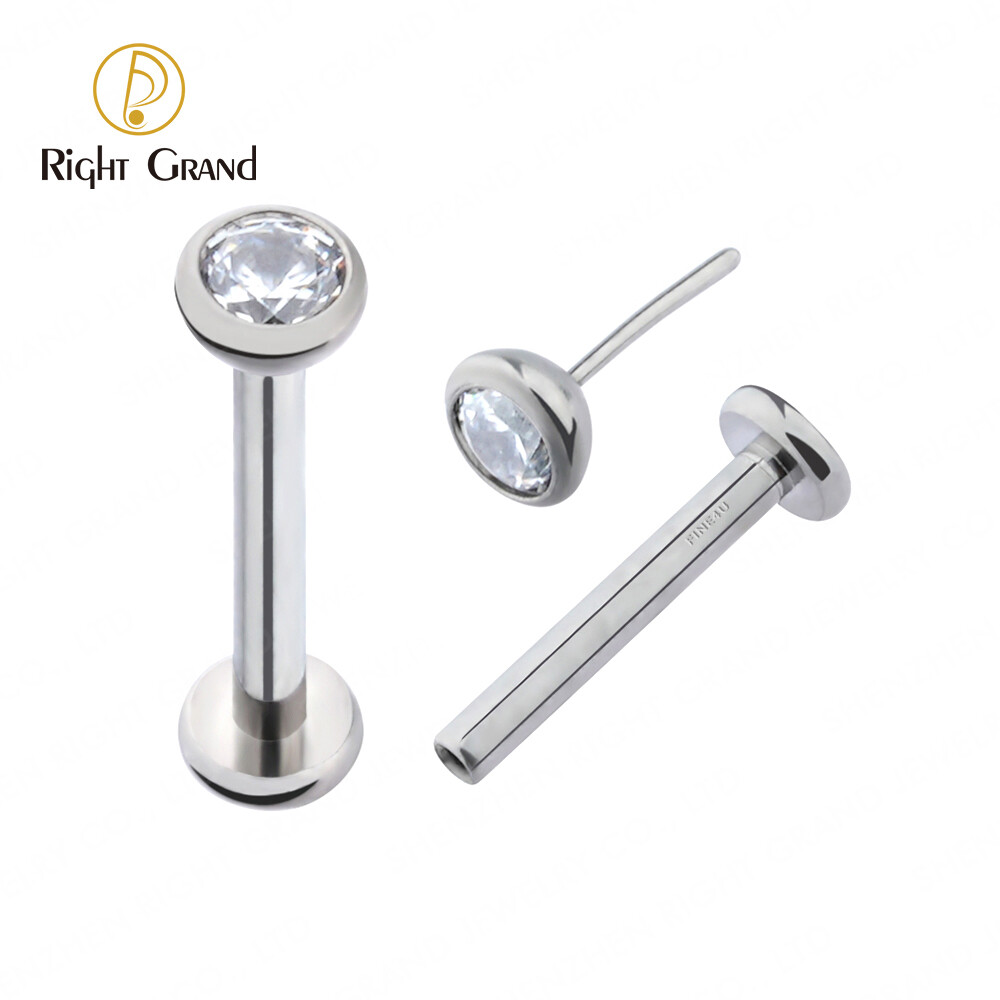 Right Grand ASTM F136 Titanium Implant Grade Bezel Set CZ Push Pin Threadless Labret Monroe Piercings