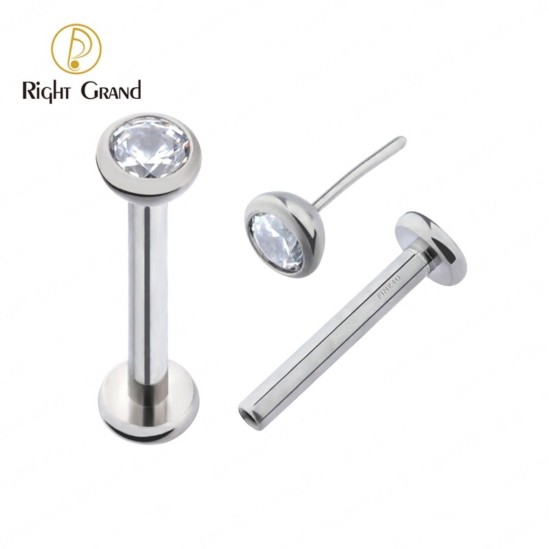 Right Grand ASTM F136 Titanium Implant Grade Bezel Set CZ Push Pin Threadless Labret Monroe Piercings