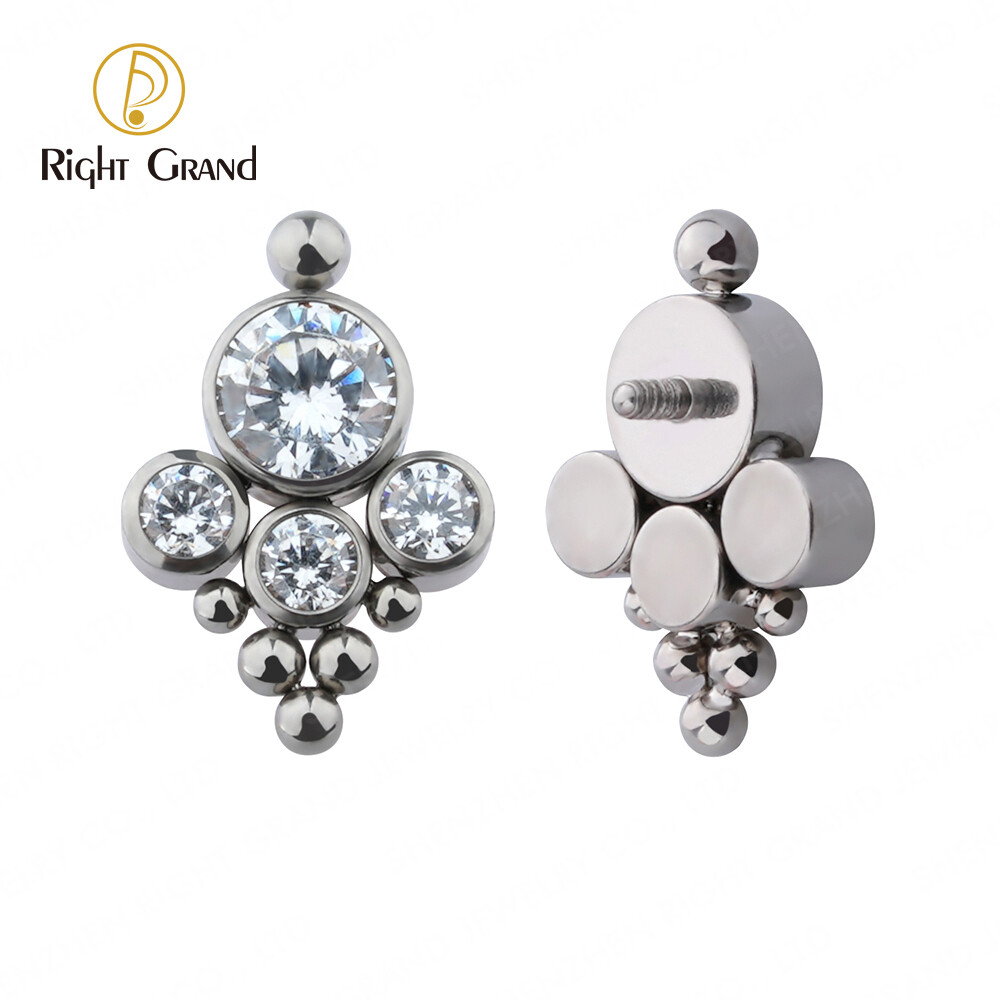 Right Grand Implant Grade Titanium Internal Thread  Bezel Setting 5A Grade Cubic Zirconia Tragus Helix Piercing Labret Ends