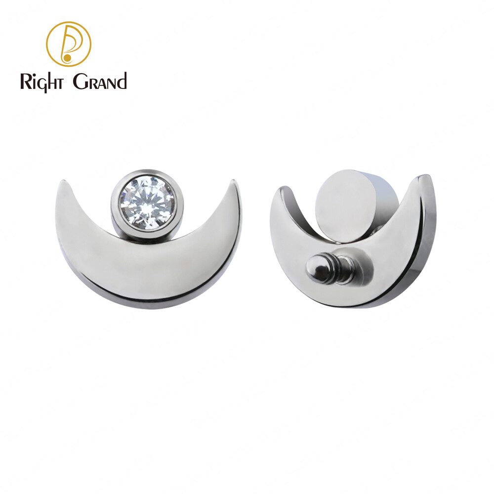 Right Grand ASTM F136 Titanium Intertnally Threaded  Bezel Setting Zircon Cresent Moon Cartilage Helix  Top