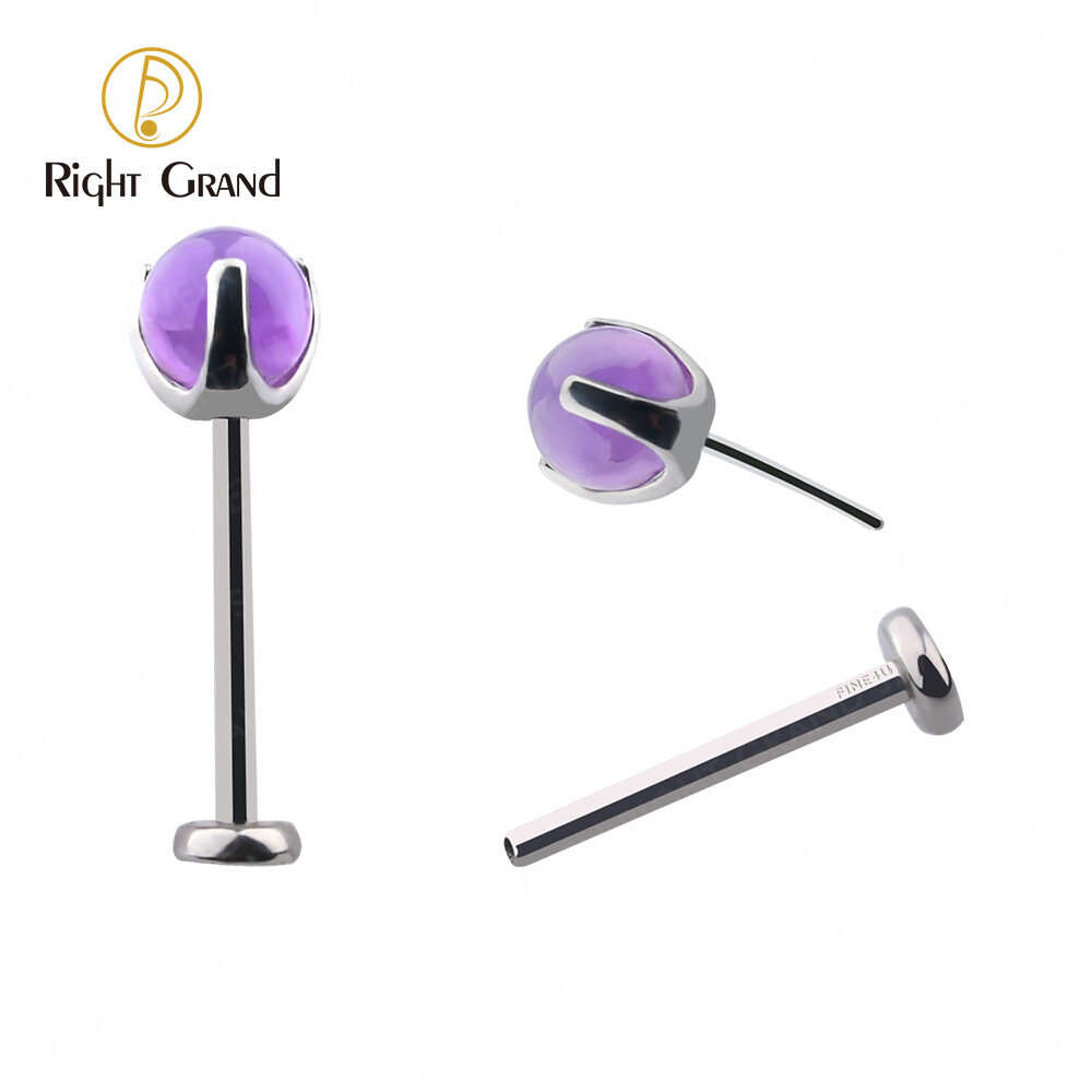 Right Grand Implant Grade ASTM F136 Titanium Amethyst Threadless Push Pin Labret