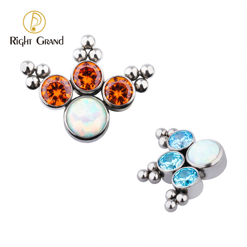 Right Grand Implant Grade Titanium ASTM F136 Internal Thread Bezel Set Zircon And Opal With Balls Cluster Labret Helix Top