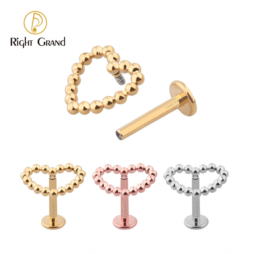 Right Grand Implant Grade Titanium Internal Thread ASTM F136 Beads Hollow Heart Shape Tragus Piercing Studs