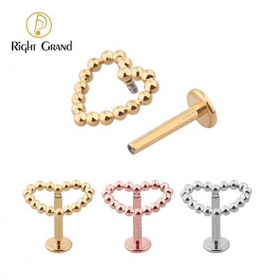 Right Grand Implant Grade Titanium Internal Thread ASTM F136 Beads Hollow Heart Shape Tragus Piercing Studs
