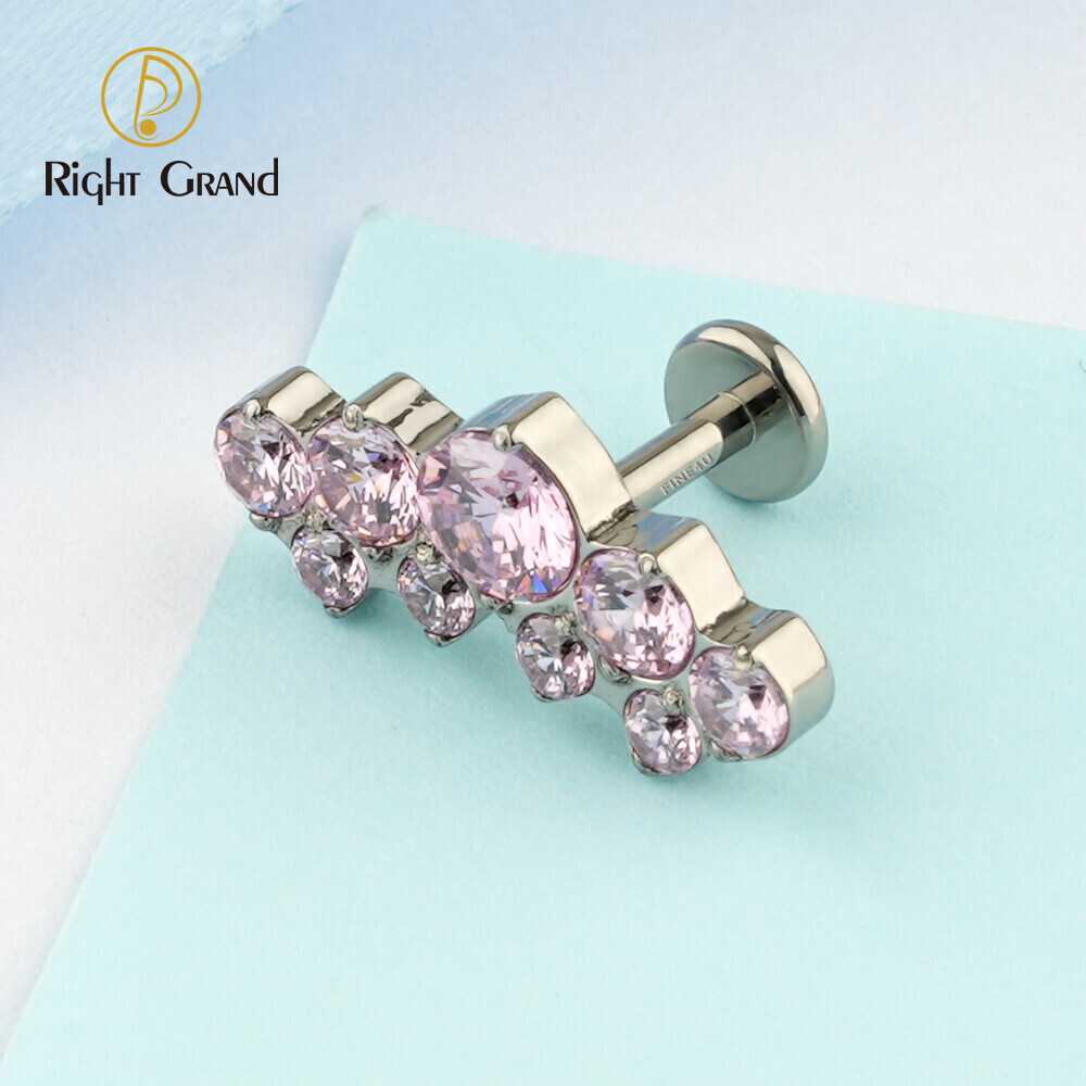 Titanium ASTM F136 Prong Set CZ Luxury Cluster Labret with Flat Back for Tragus Helix Piercings, Size: 16G-1/4&quot;(1.2*6mm), Color: Titanium/pink