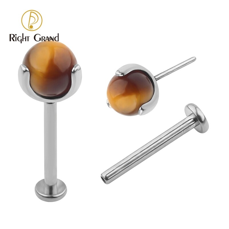Right Grand ASTM F136 Titanium Tiger Eye Ball Threadless Implant Grade Labret Lip Piercings