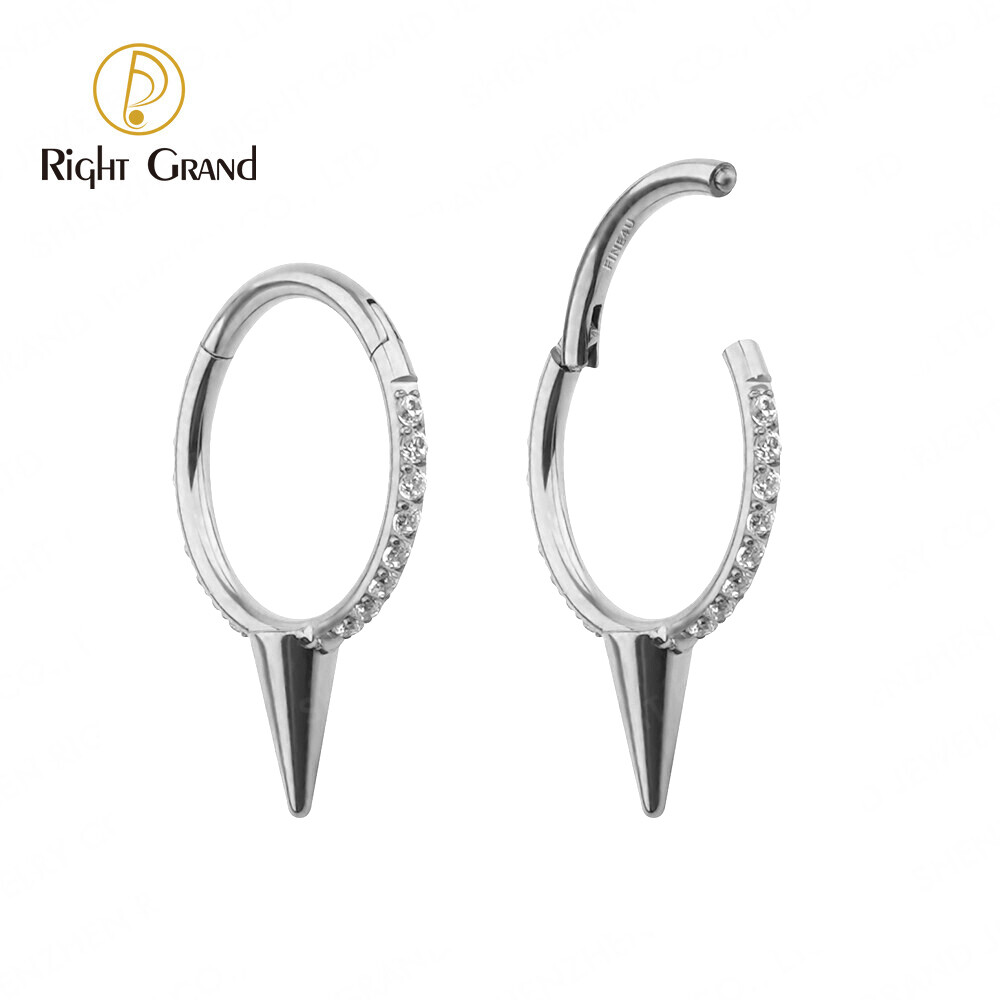 Titanium ASTM F136 Implant Grade Long Spike CZ Earring Hoop Hinged Segment Clickers, Size: 16G-3/8&quot;(1.2*10mm), Color: Titanium /clear