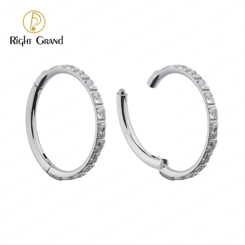 Right Grand Implant Grade ASTM F136 Titanium Square Clear CZ Hinged Segment Conch Piercing Hoops