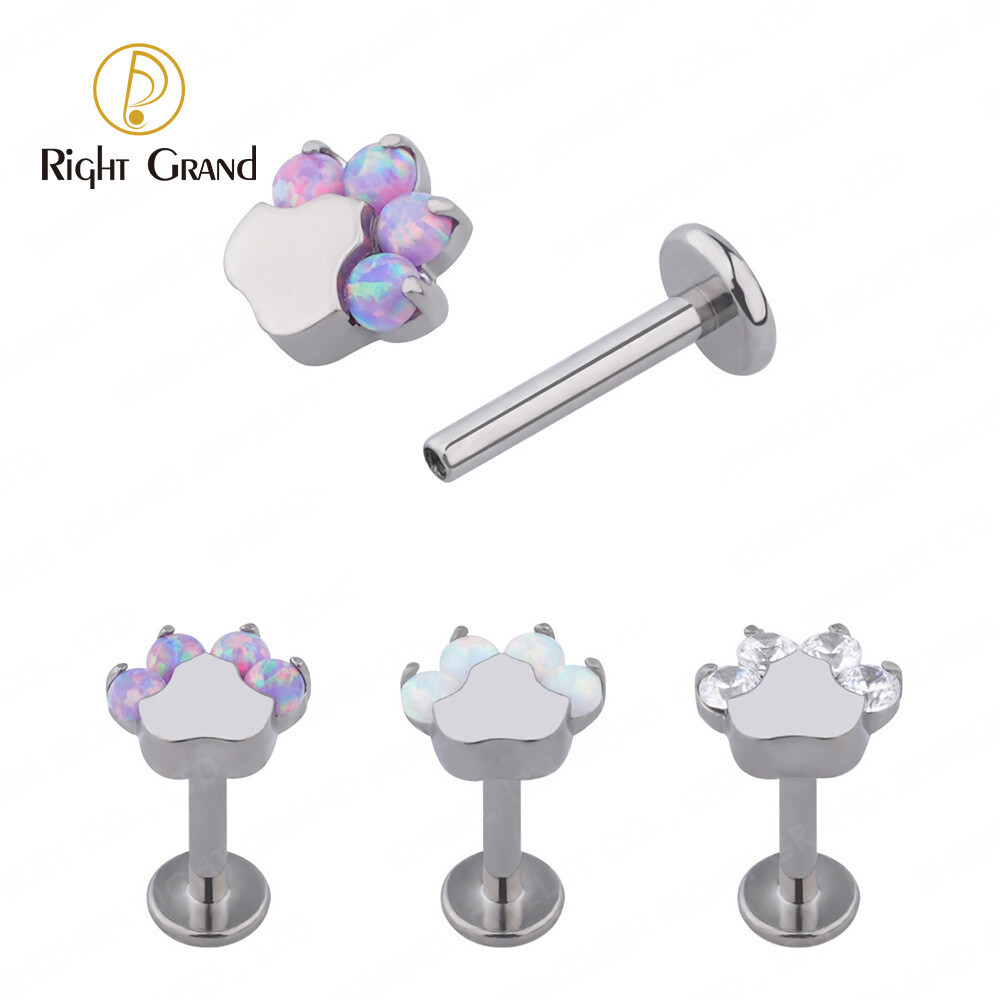 Right Grand ASTM F136 Titanium Internal Thread Claw Setting Opal  &amp; Zircon Paw Print Labret Helix piercing