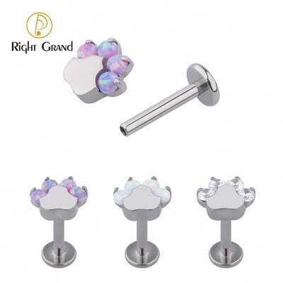 Right Grand ASTM F136 Titanium Internal Thread Claw Setting Opal  &amp; Zircon Paw Print Labret Helix piercing
