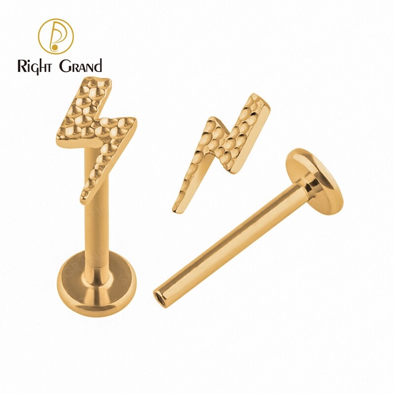 Right Grand Implant Grade Titanium Internally Threaded Hammer Lightning Labret Lip Piercing