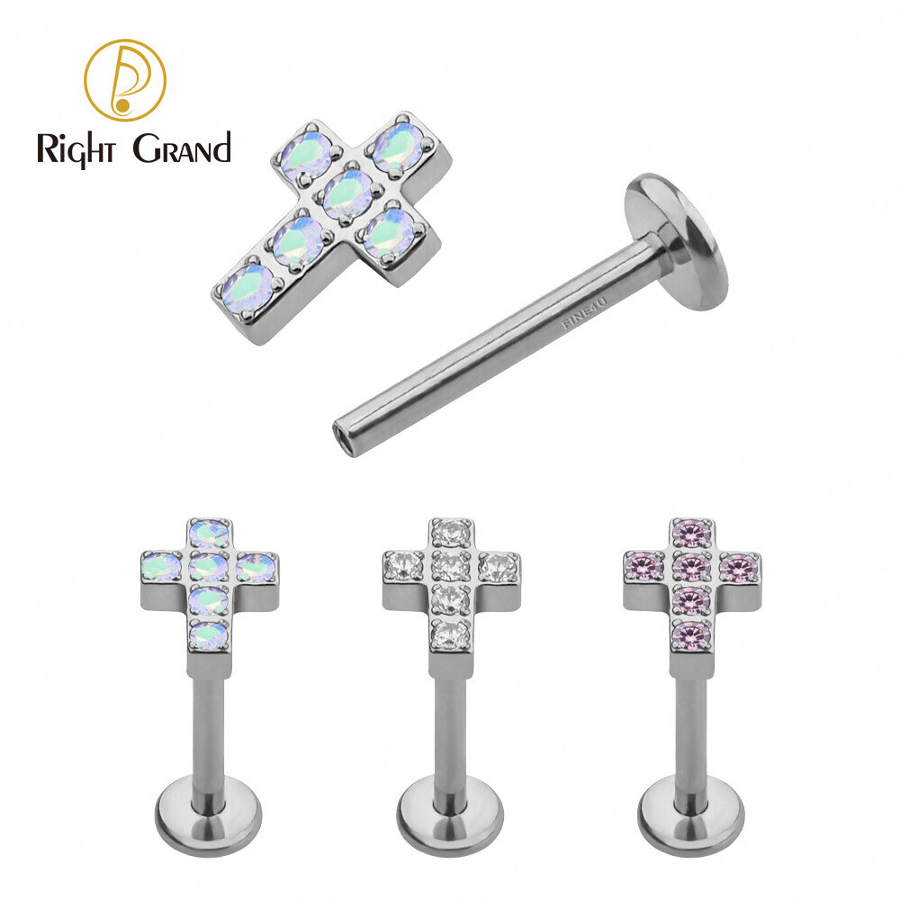 Right Grand ASTM F136 Implant Grade Titanium internal thread Cross CZ Labret Tragus Piercings