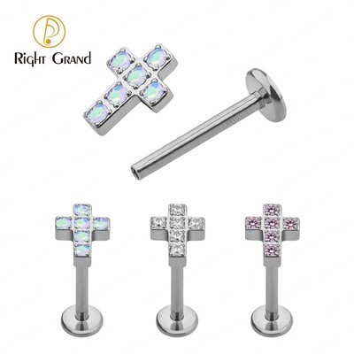 Right Grand ASTM F136 Implant Grade Titanium internal thread Cross CZ Labret Tragus Piercings