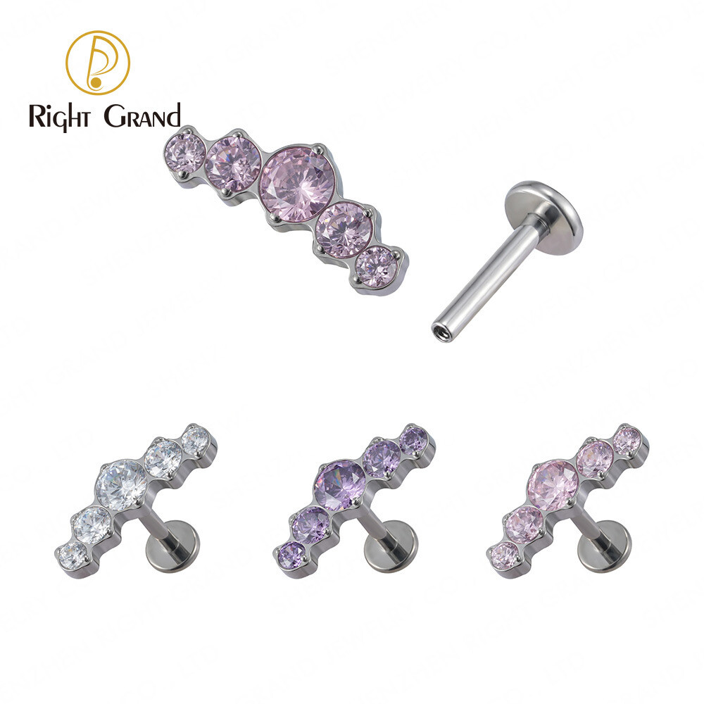 Right Grand Internally Threaded ASTM F136 Implant Grade Curved 5 Round Zircon Cluster Labret Tragus Helix Piercings