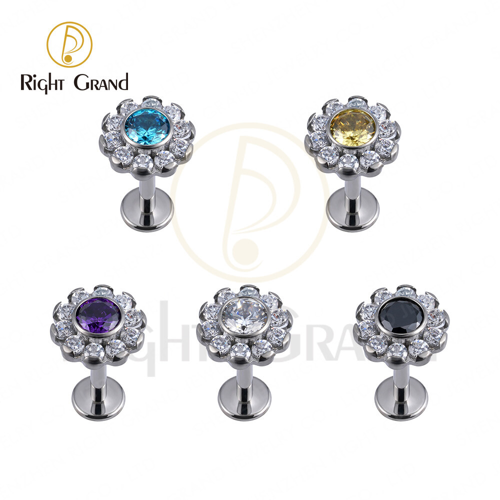 Right Grand ASTM F136 Implant Grade Titanium Internal Thread Flower Claw Setting Zircon Labret Helix Cartilage piercing Jewelry
