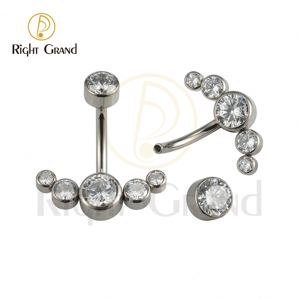 Right Grand ASTM F136 Titanium CZ Paved Curved Line with Internally Threaded Round CZ Top Belly Button Navel Rings
