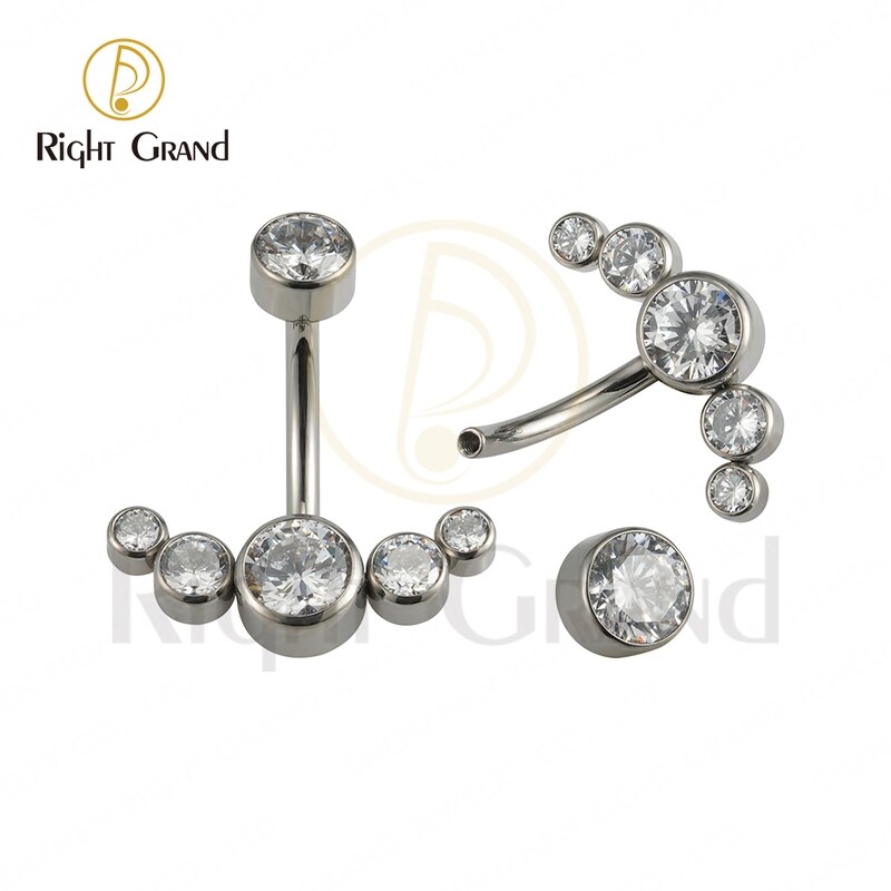 Right Grand ASTM F136 Titanium CZ Paved Curved Line with Internally Threaded Round CZ Top Belly Button Navel Rings