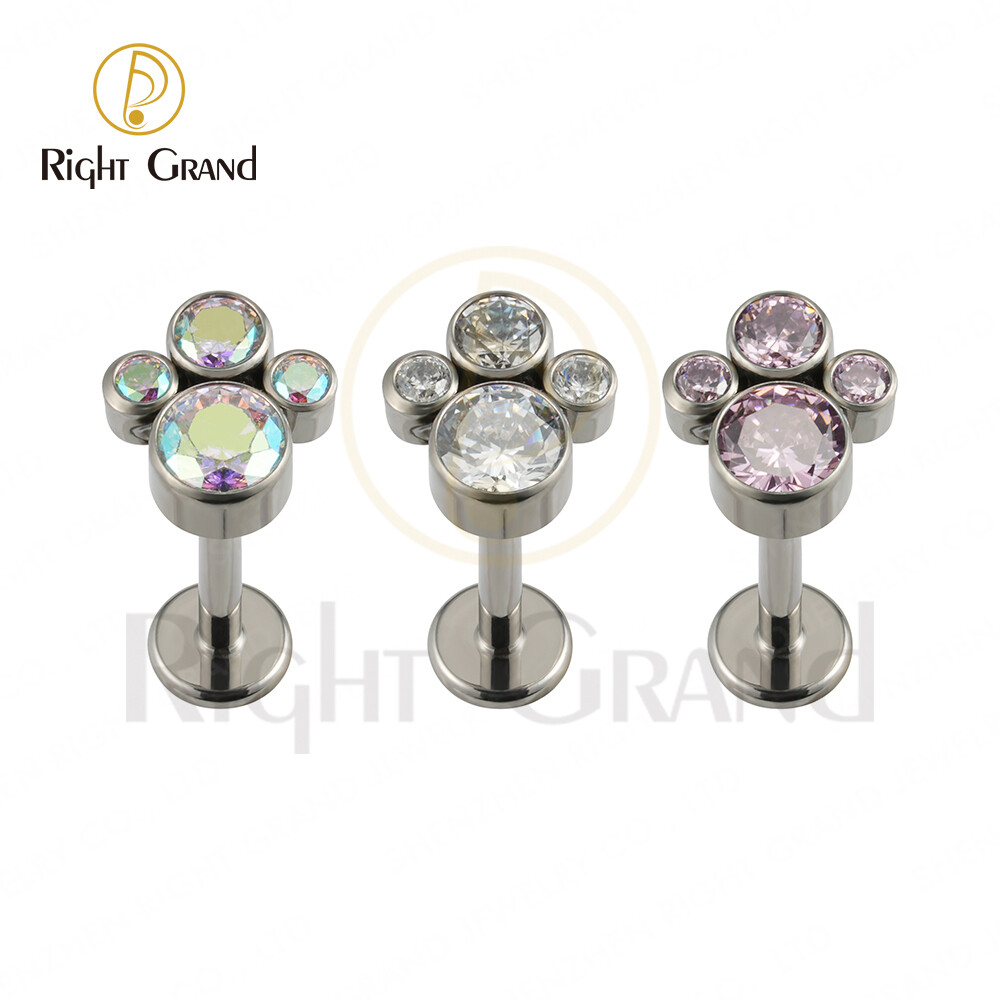 Right Grand Implant Grade ASTM F136 Titanium Paw CZ Bezel Set Internal Thread Labret Cluster Tragus