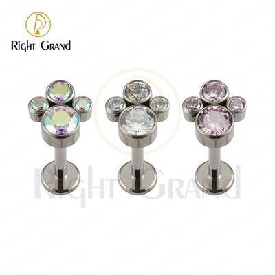 Right Grand Implant Grade ASTM F136 Titanium Paw CZ Bezel Set Internal Thread Labret Cluster Tragus