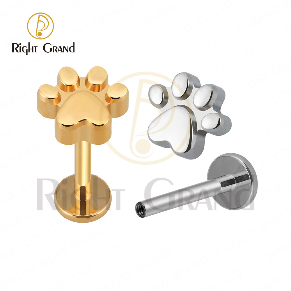 Right Grand Implant Grade ASTM F136 Titanium Paw Print Internally Threaded Labret Tragus Cartilage Piercings