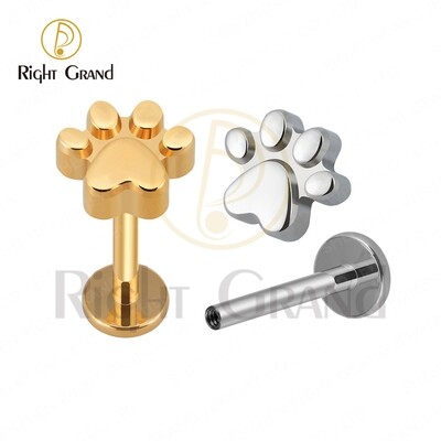 Right Grand Implant Grade ASTM F136 Titanium Paw Print Internally Threaded Labret Tragus Cartilage Piercings