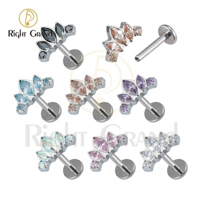 Right Grand Implant Grade Titanium Internal Thread ASTM F136 Prong Set CZ Marquise Fan Cluster Cartilage Helix Piercing Labret Studs