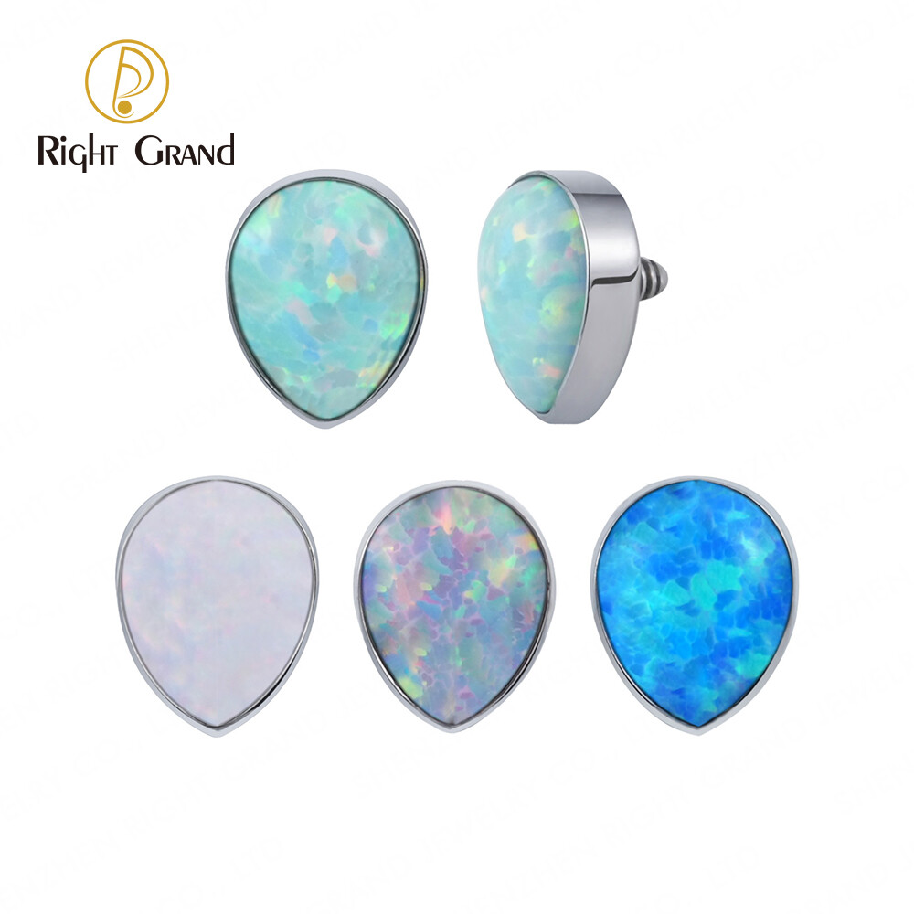 Right Grand ASTM F136 Titanium Internal Thread Bezel Set Teardrop Shape Opal &amp; Zircon Ends for Tragus Lip Piercings