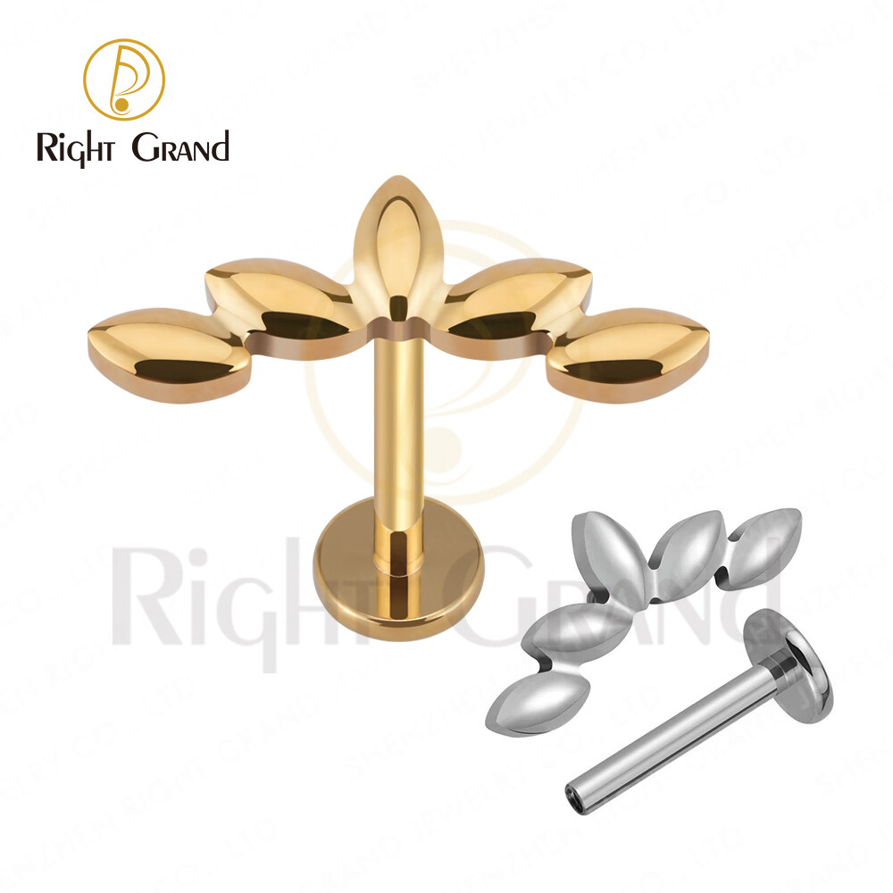 Right Grand 100% Implant Grade ASTM F136 Titanium Mirror Polished Internally Threaded Cute Leaf Ear Cartilage Tragus Helix Piercings