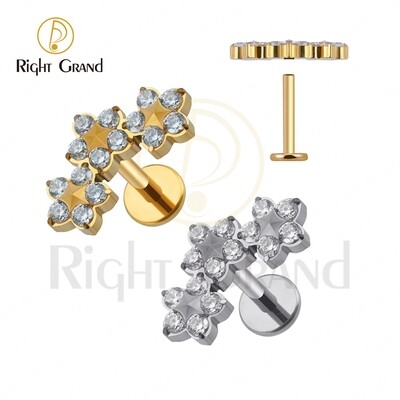 Right Grand ASTM F136 Titanium Triple CZ Flower Cluster Labret Internally Threaded Trinity Floral for Tragus Monroe Cartilage