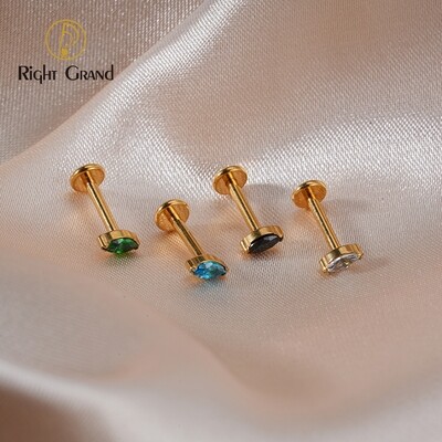 Right Grand ASTM F136 Titanium Single Tiny Marquise CZ Internally Threaded  Flat Back Labret Helix Tragus Piercing Labret