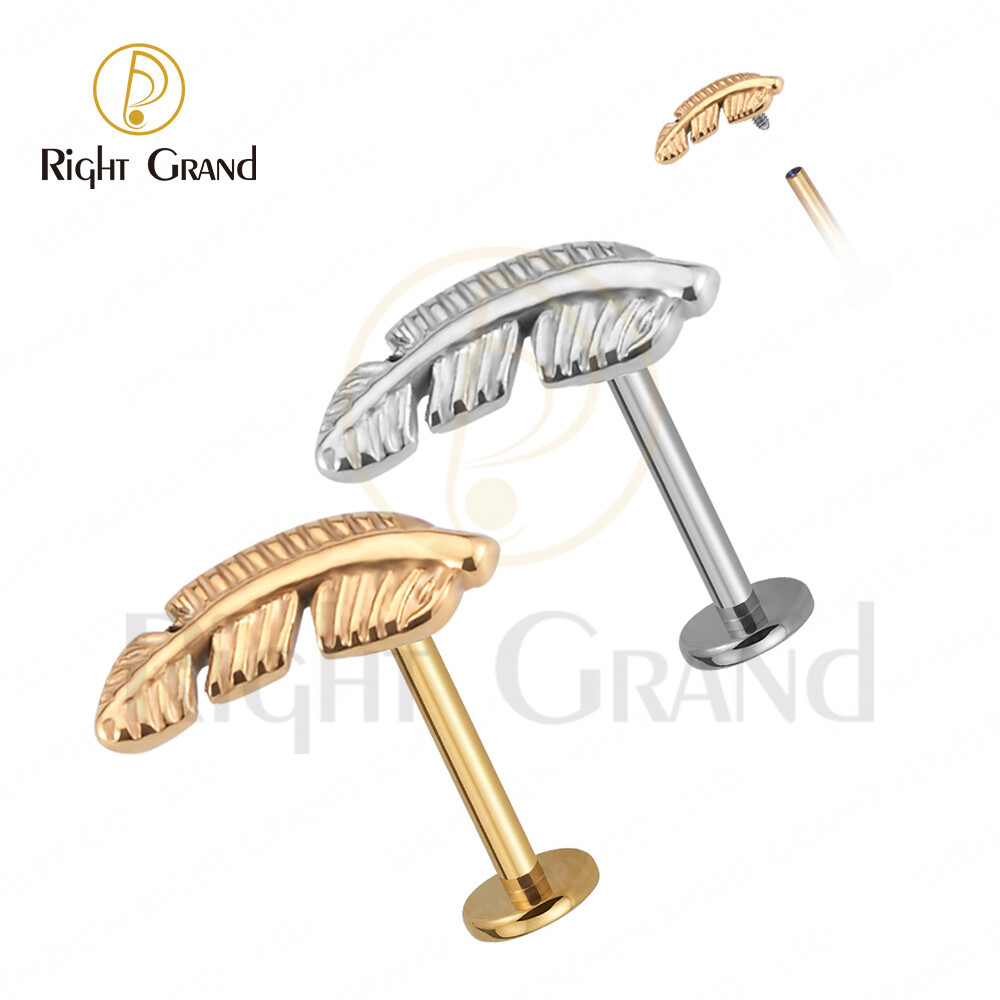 Right Grand Implant Grade ASTM F136 Titanium Feather Internally Threaded Labret Tragus Cartilage Piercings