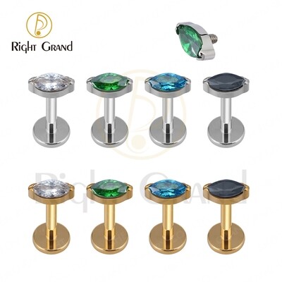 Right Grand ASTM F136 Titanium Single Tiny Marquise CZ Internally Threaded  Flat Back Labret Helix Tragus Piercing Labret