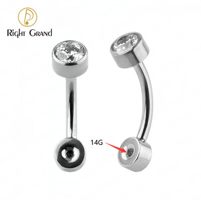 Right Grand Implant Grade Titanium Internal Thread Bezel Set Doube Round Zircon Curved Belly Button Ring Barbell with Replacement for Different Tops