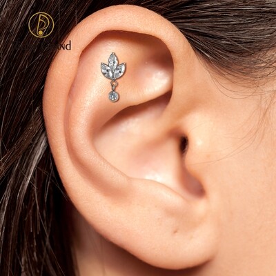Right Grand 16G ASTM F136 Titanium Internally Threaded  Bezel Setting Zircon marquise Dangle Earring Studs Piercing Tragus Helix Flat Earring
