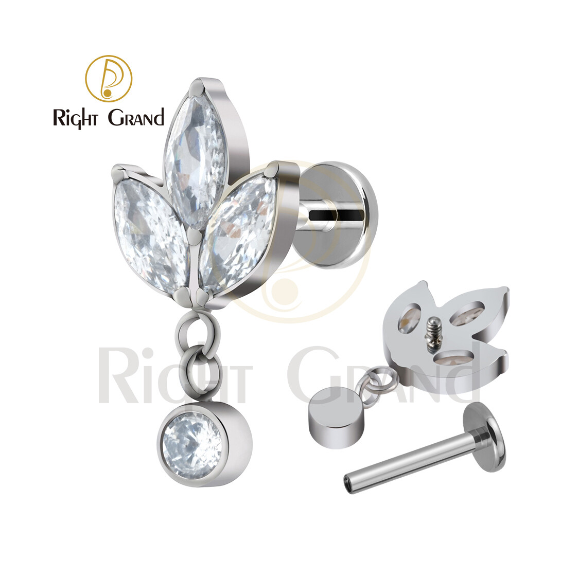 Right Grand 16G ASTM F136 Titanium Internally Threaded  Bezel Setting Zircon marquise Dangle Earring Studs Piercing Tragus Helix Flat Earring