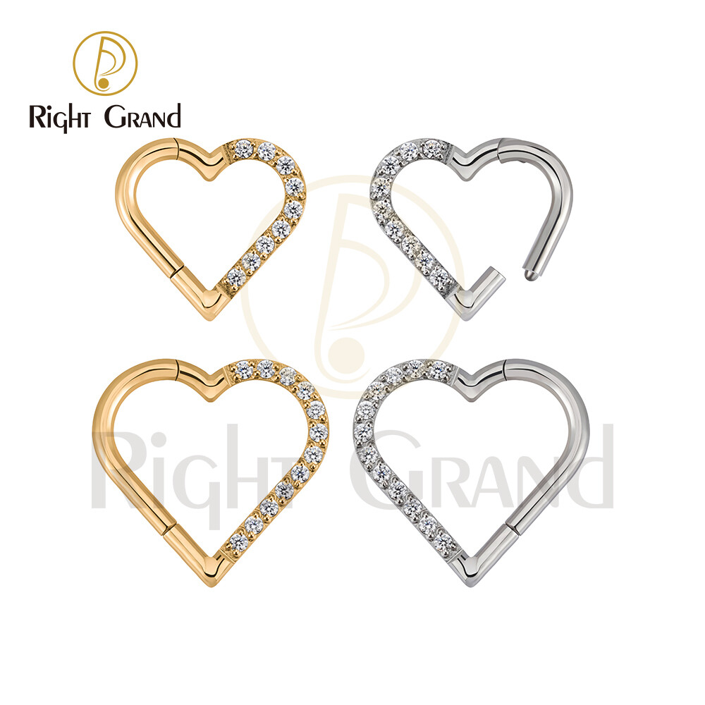 Right Grand Implant Grade ASTM F136 Titanium Prong Setting CZ Front Facing Heart Daith Clicker Helix Hoop Ring Piercing