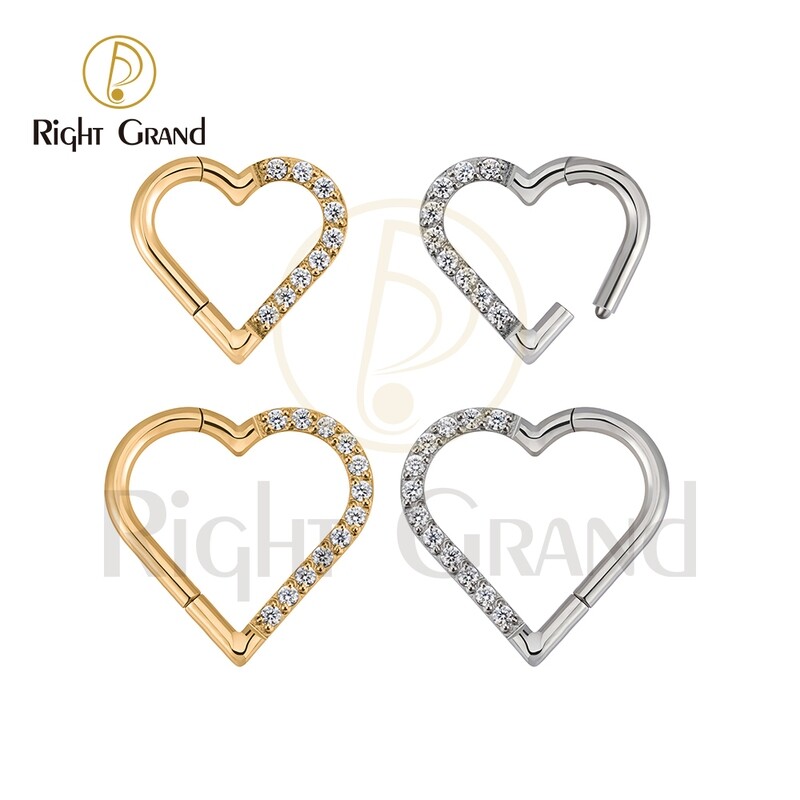 Right Grand Implant Grade ASTM F136 Titanium Prong Setting CZ Front Facing Heart Daith Clicker Helix Hoop Ring Piercing