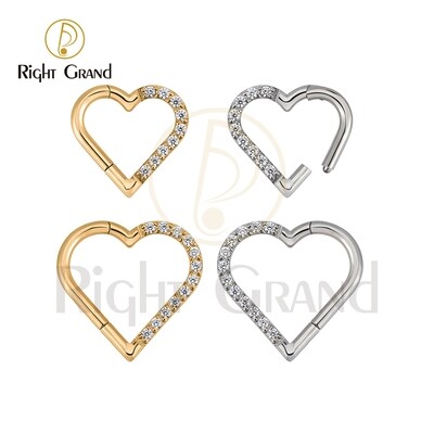 Right Grand Implant Grade ASTM F136 Titanium Prong Setting CZ Front Facing Heart Daith Clicker Helix Hoop Ring Piercing