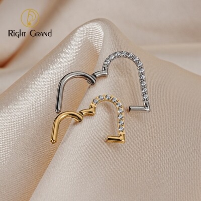 Right Grand Implant Grade ASTM F136 Titanium Prong Setting CZ Front Facing Heart Daith Clicker Helix Hoop Ring Piercing