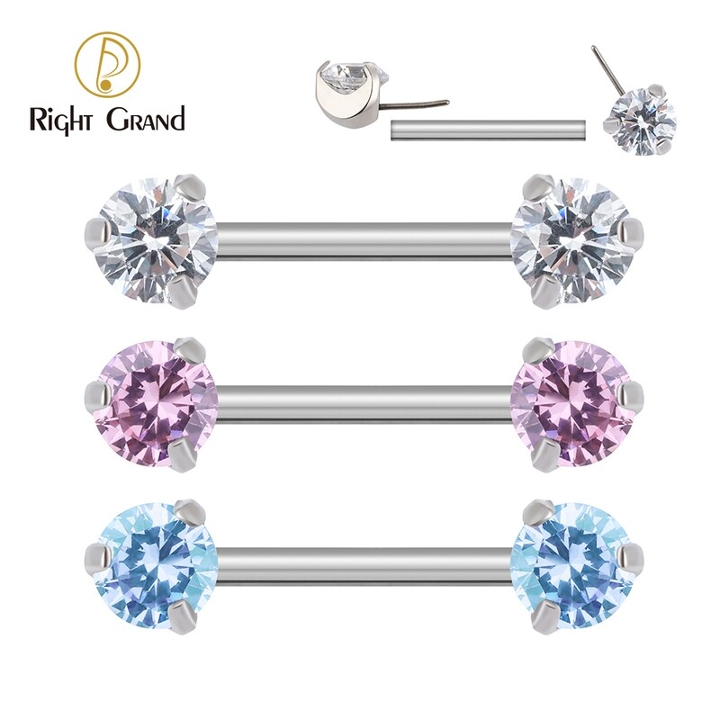 Right Grand Implant Grade ASTM F136 Titanium Threadless Implant Prong Setting Zircon Nipple Piercings