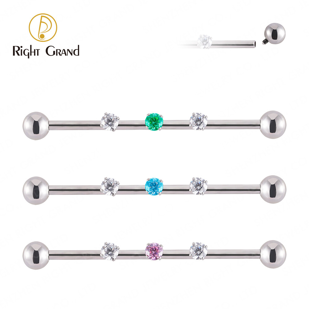 Right Grand 14G Titanium Internal Thread Prong Set Clear Zircon Industrial Barbell