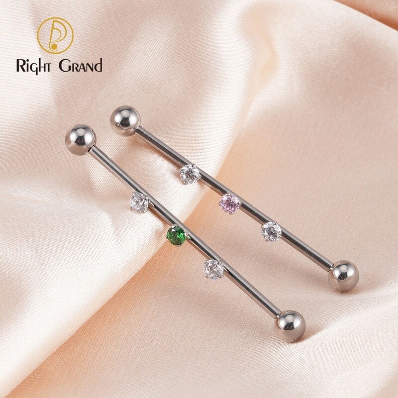 Right Grand 14G Titanium Internal Thread Prong Set Clear Zircon Industrial Barbell