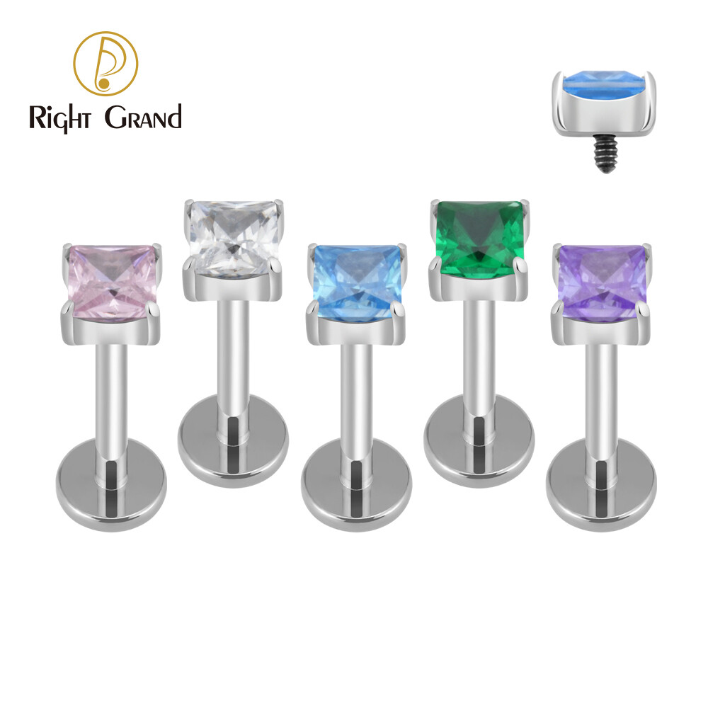 Right Grand ASTM F136 Titanium Claw Set Square CZ Internally Threaded Flat Back Labret Lip Tragus Helix Cartilage Body Jewelry