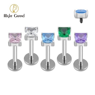 Right Grand ASTM F136 Titanium Claw Set Square CZ Internally Threaded Flat Back Labret Lip Tragus Helix Cartilage Body Jewelry