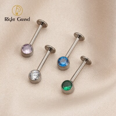 Right Grand ASTM F136 Titanium Bezel Set Round CZ  Internally Threaded Vertical Helix Cartilage Piercings