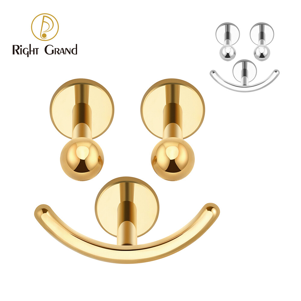 Right Grand ASTM F136 Titanium 3pcs Smile Face Flat Internally Threaded Helix Cartilage Tragus Stud Earrings  Piercings Jewelry